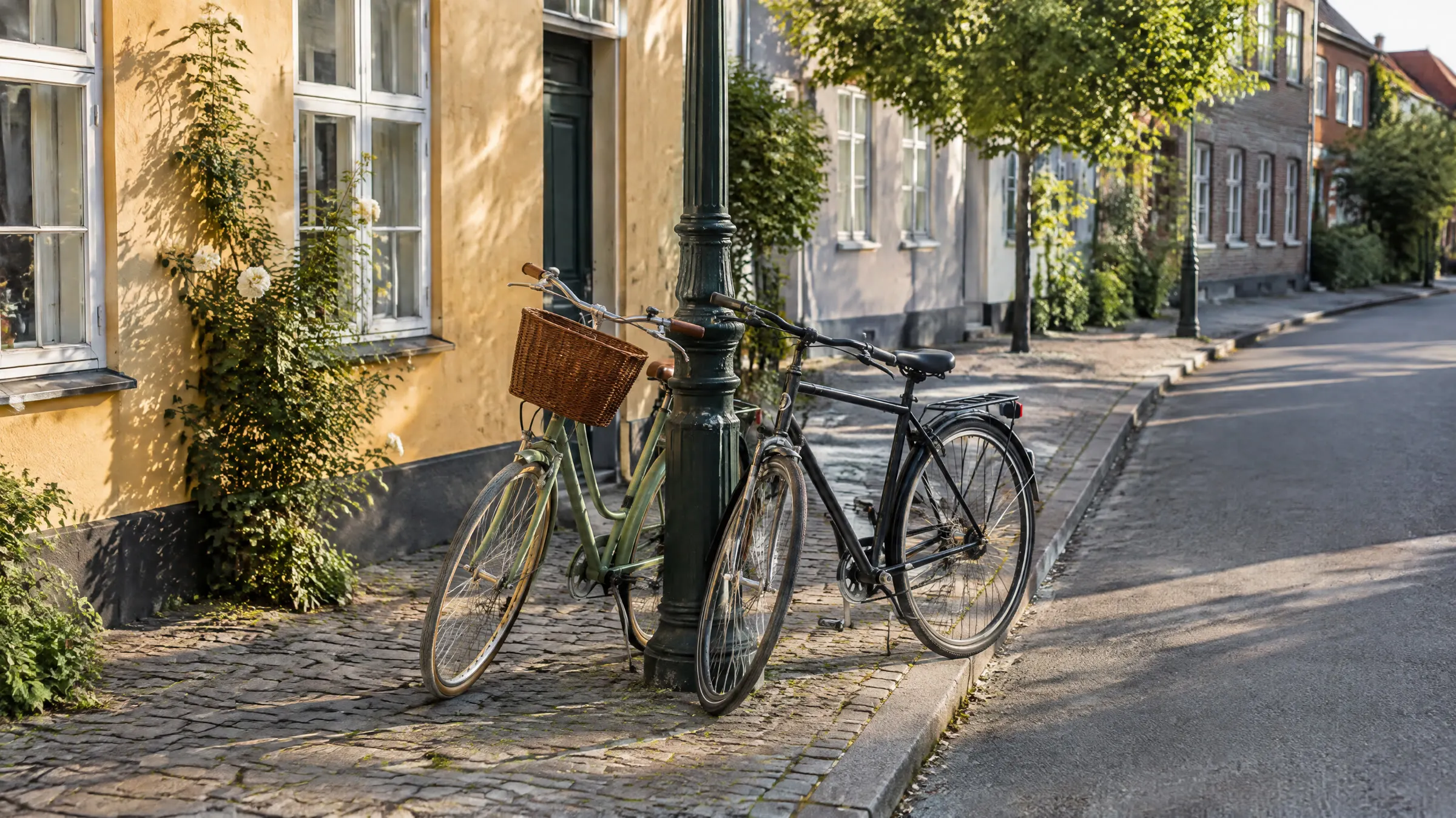 En grøn cykel med kurv og en sort cykel ved en gadelygte på brostenene foran et gult byhus