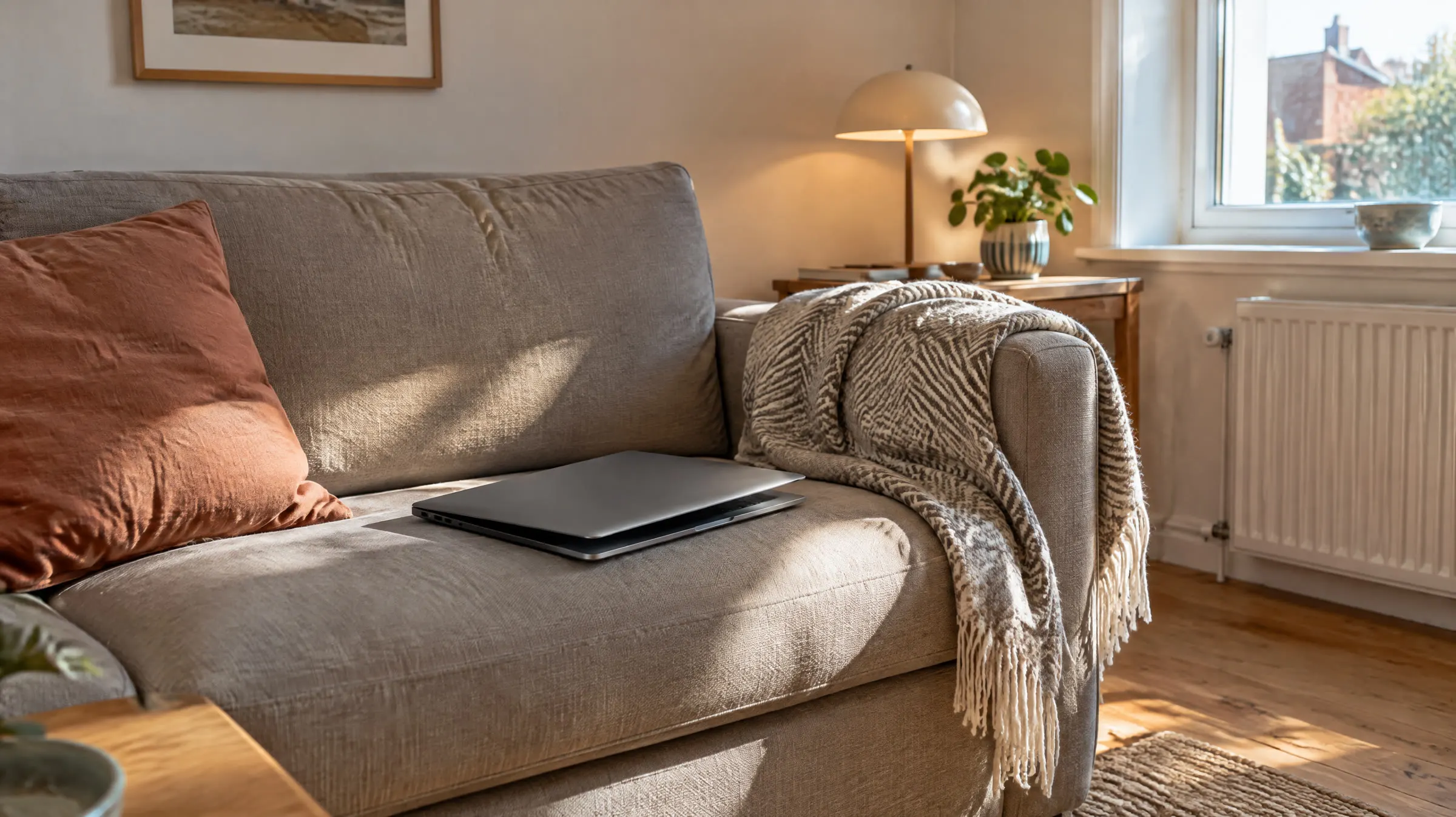 En lukket bærbar computer på en grå sofa med et frynset plaid over armlænet i lavt sollys