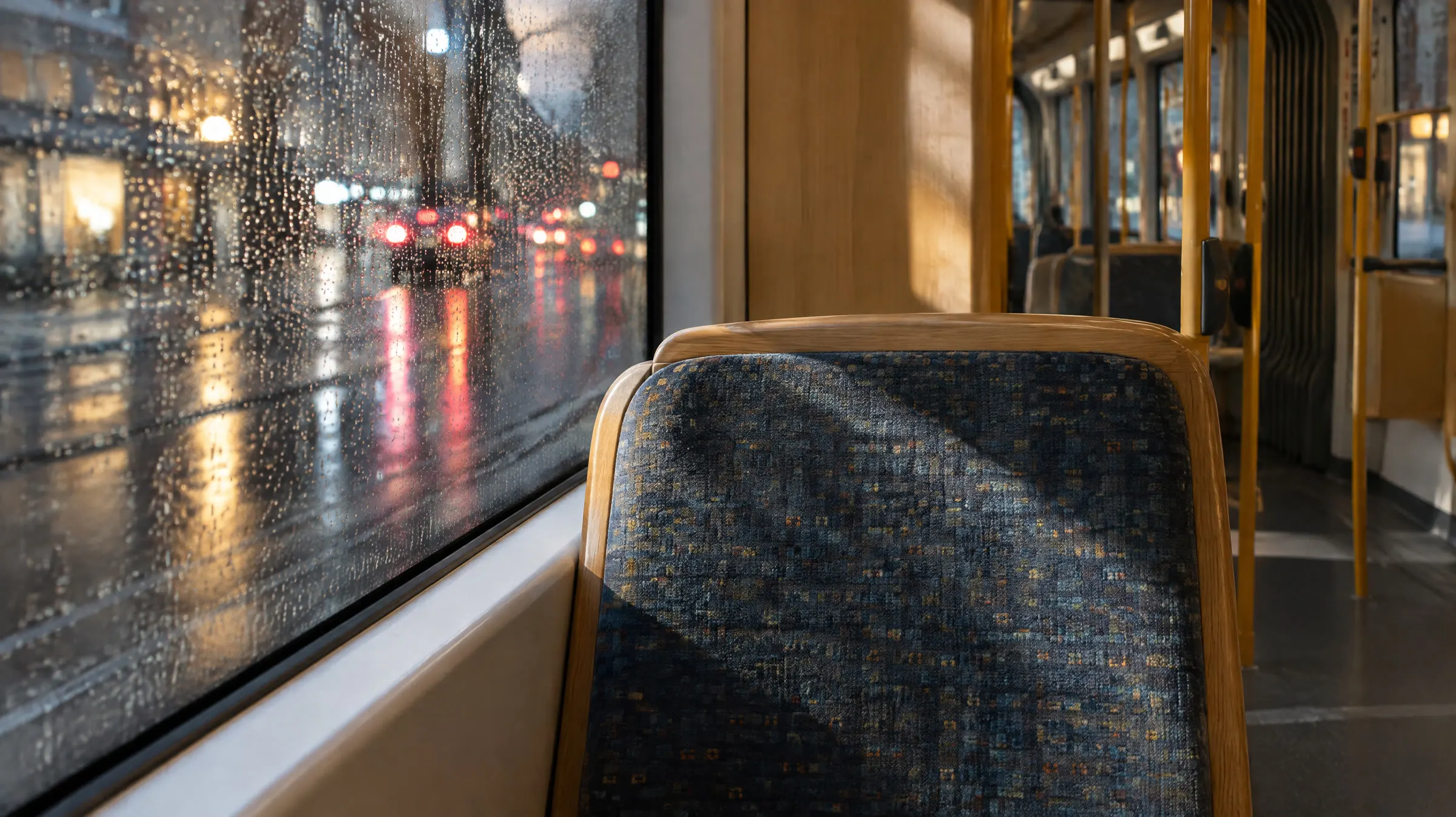 Et polstret sæde ved et regnvådt vindue i en bus med gadelys og røde baglygter udenfor