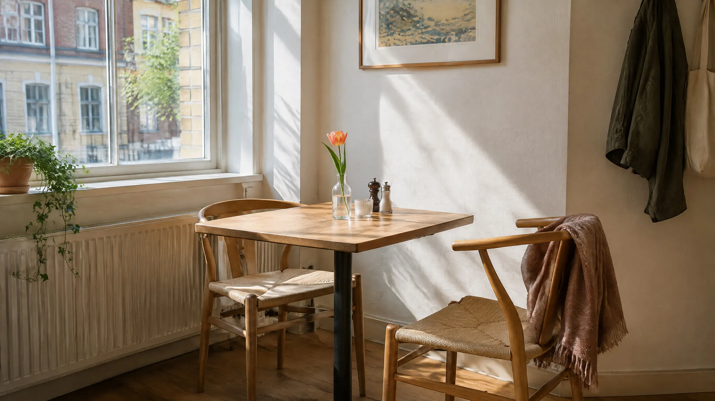 Et lille cafébord med en tulipan i en vase og to flettede stole ved et vindue mod gaden