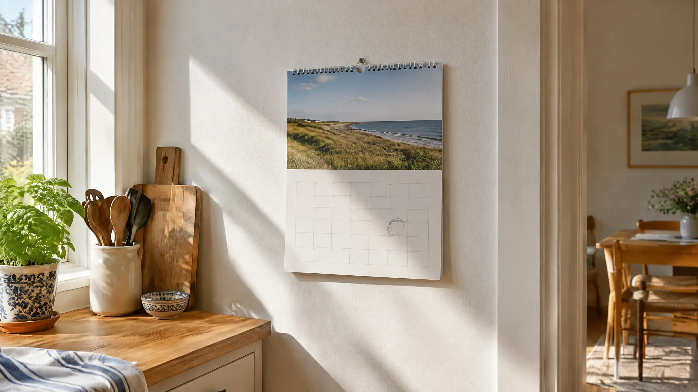 En vægkalender med et foto af klitter og hav hænger ved et køkkenbord med skærebræt og basilikum