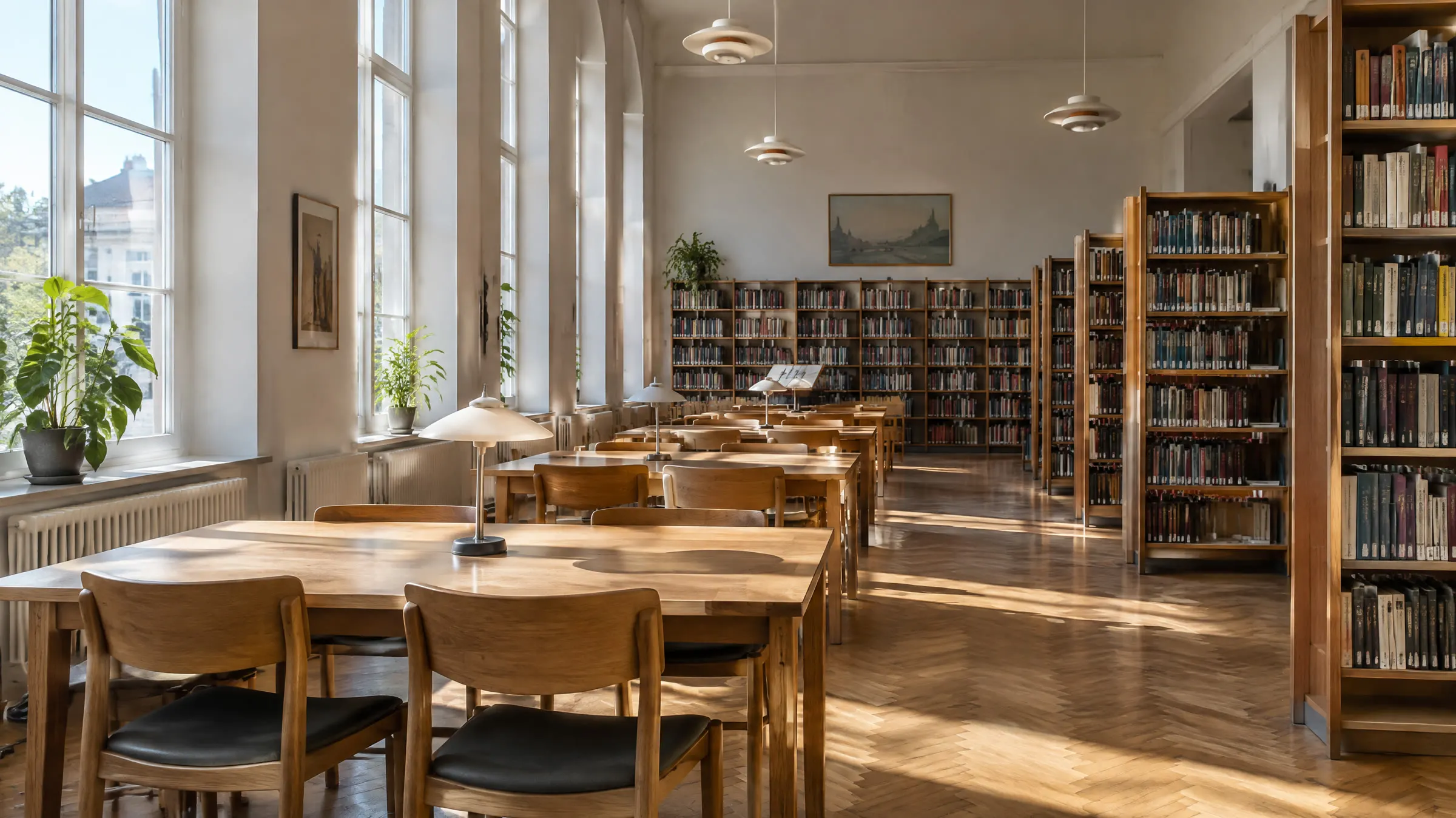 Den lange læsesal i et dansk bibliotek med tomme borde og høje reoler i dagslys