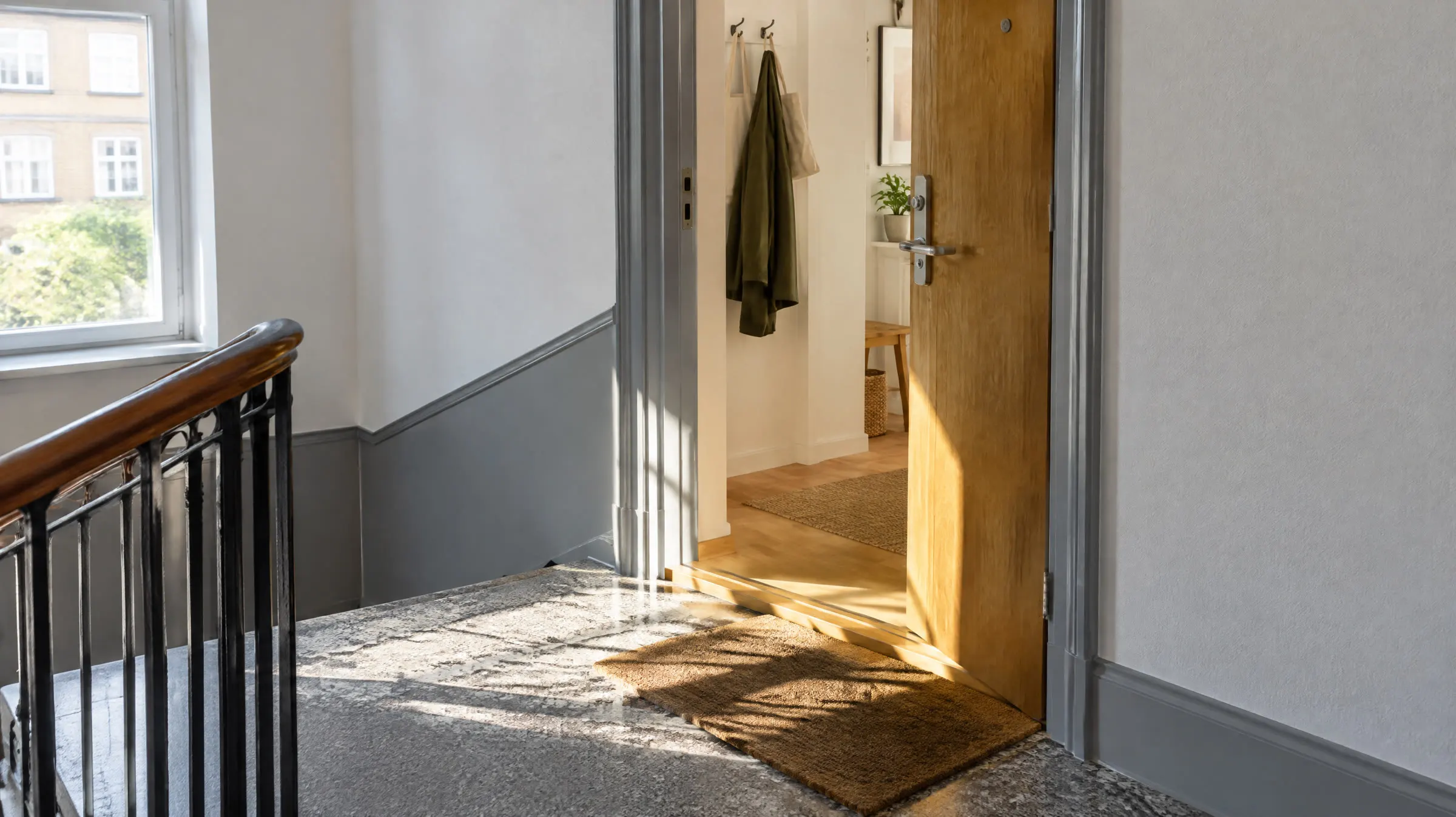 En åben lejlighedsdør med kokosmåtte i en lys opgang med gelænder og en jakke på knagen indenfor