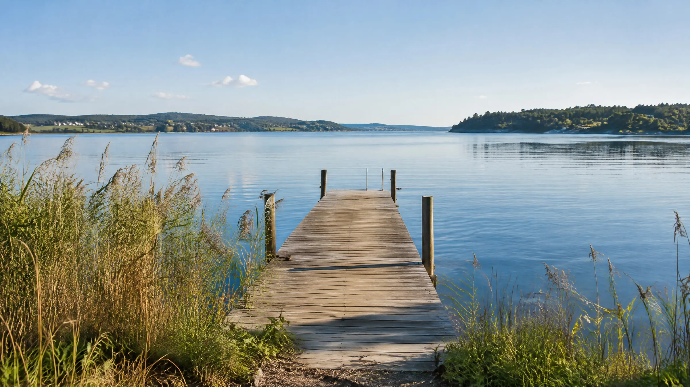 En træbro går ud i en stille fjord mellem siv i klart morgenlys