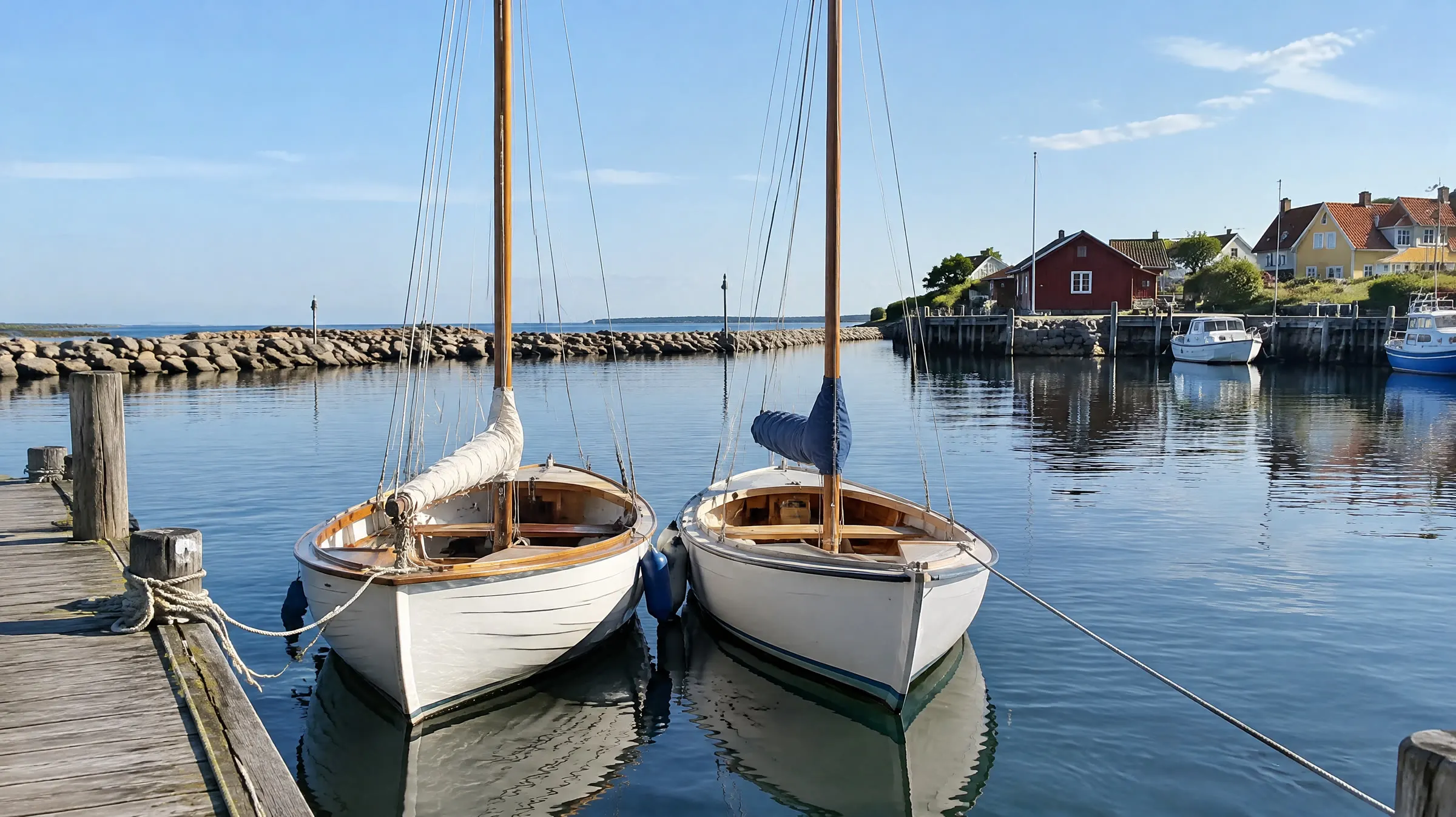 To små sejljoller fortøjet side om side i en lille dansk havn en solrig eftermiddag