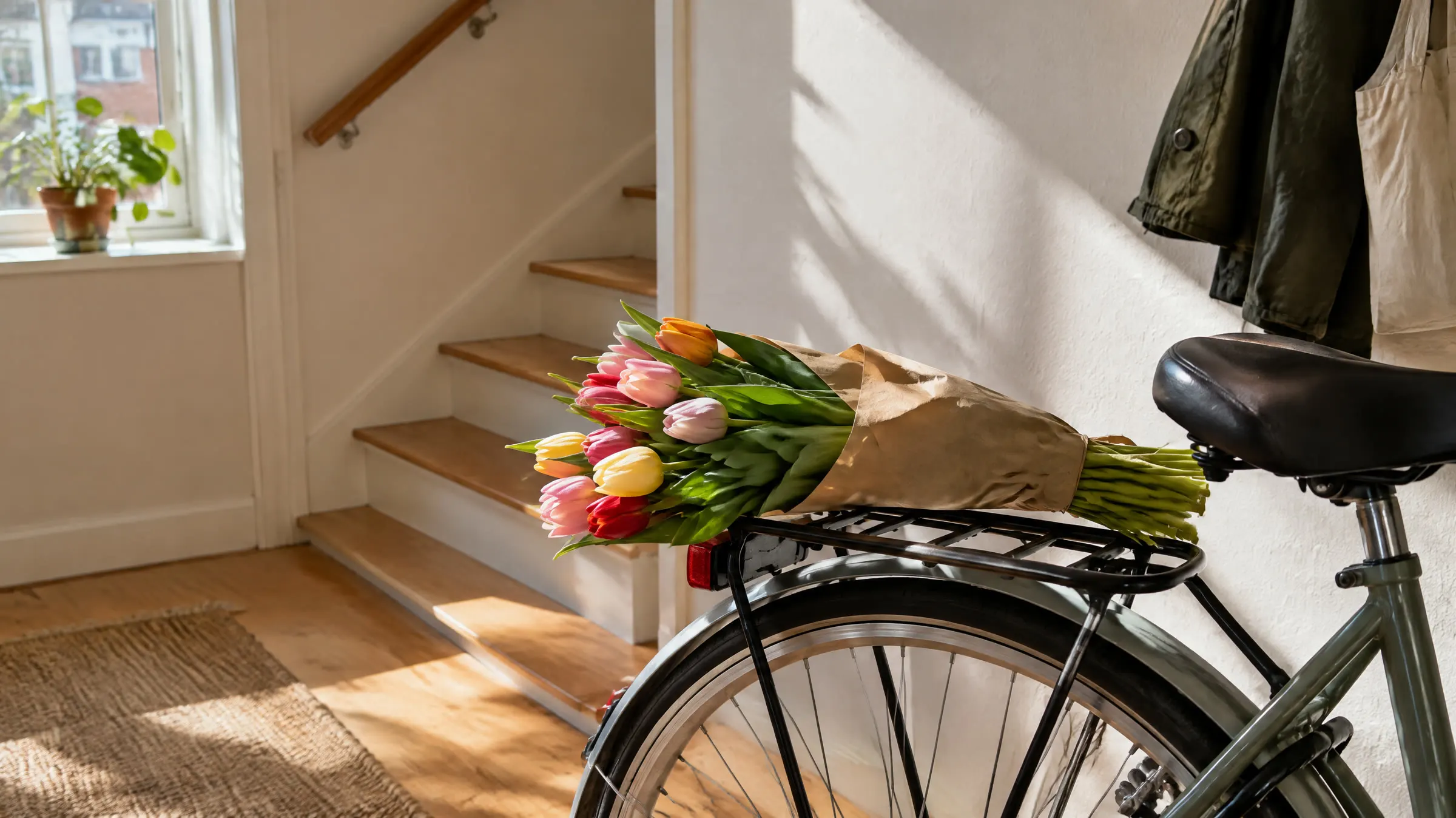 En buket tulipaner i brunt papir på bagagebæreren af en cykel i en lys entré ved trappen