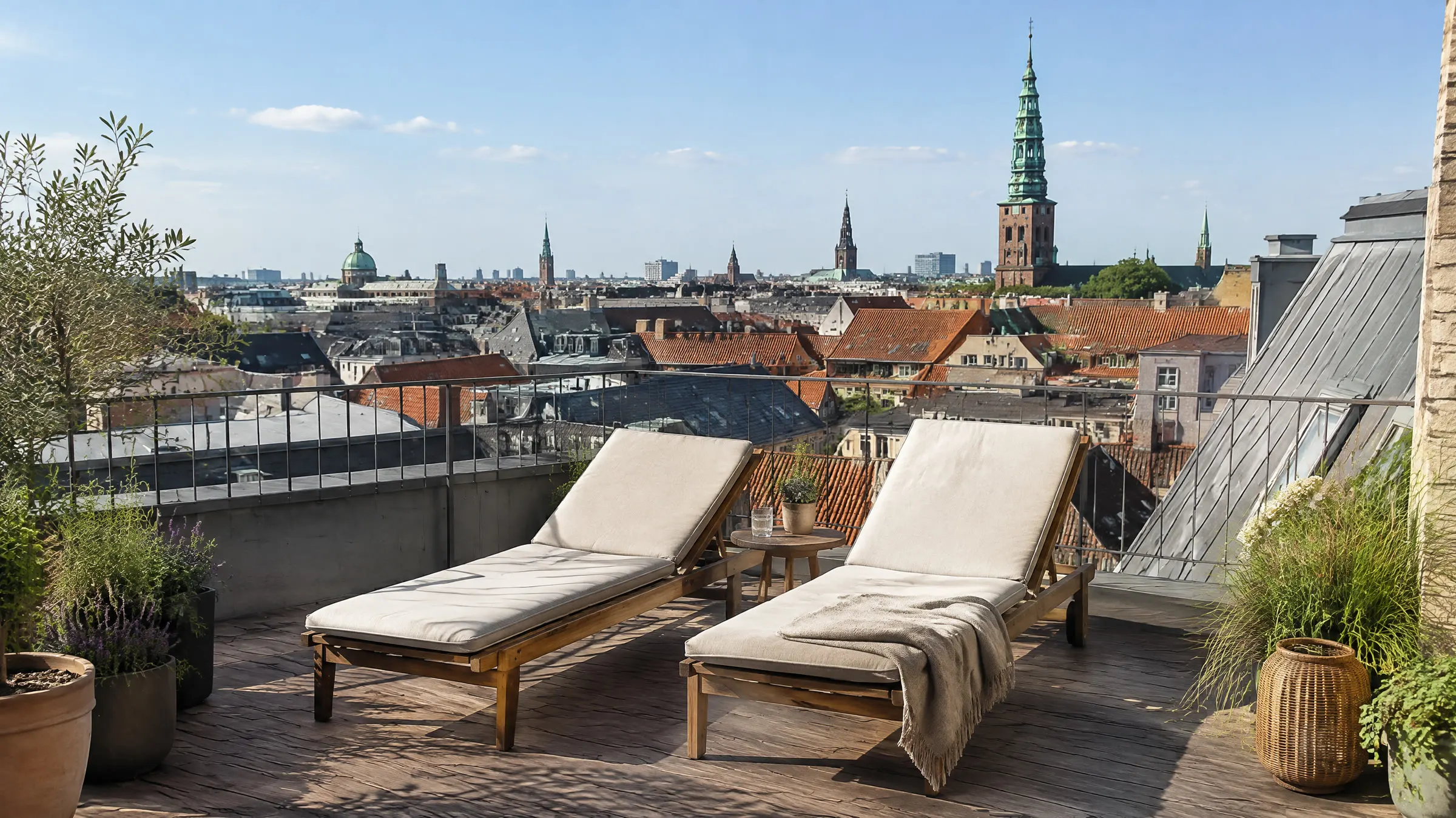 En tagterrasse med to tomme liggestole og udsigt over Københavns tage og spir