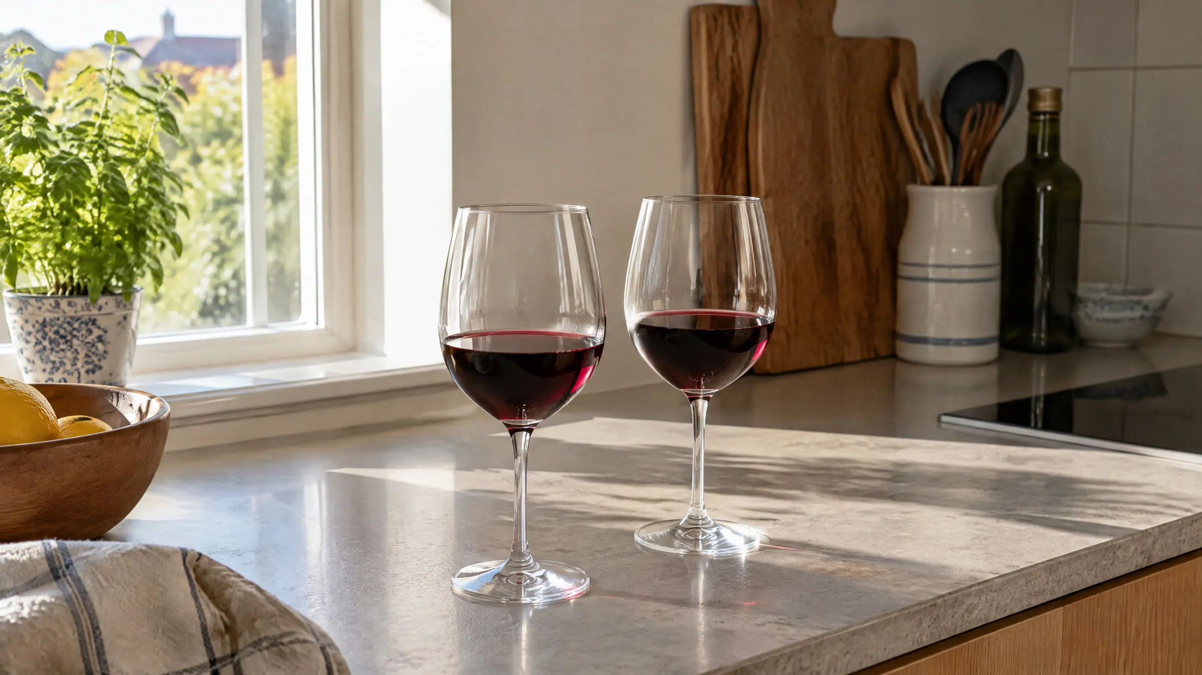 To glas rødvin på et køkkenbord i grå sten ved et vindue med basilikum og en skål citroner