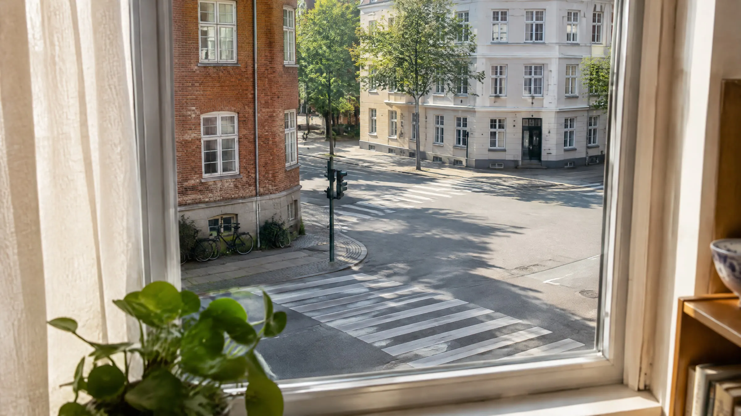 Udsigt fra et vindue med potteplante ned over et gadehjørne med fodgængerfelt, trafiklys og parkerede cykler