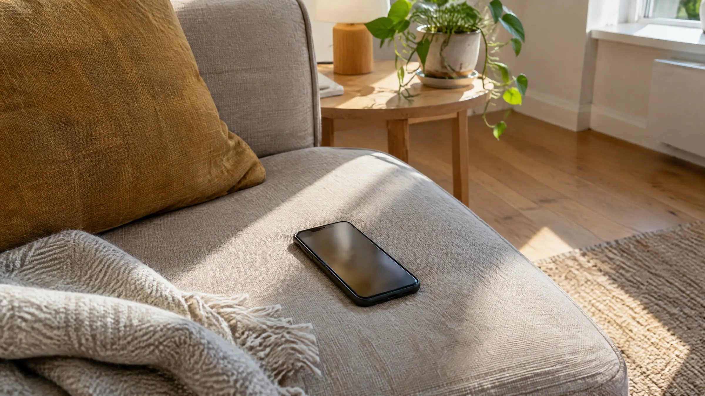 En mobiltelefon ligger på en grå sofa med en sennepsgul pude og et plaid i skråt sollys