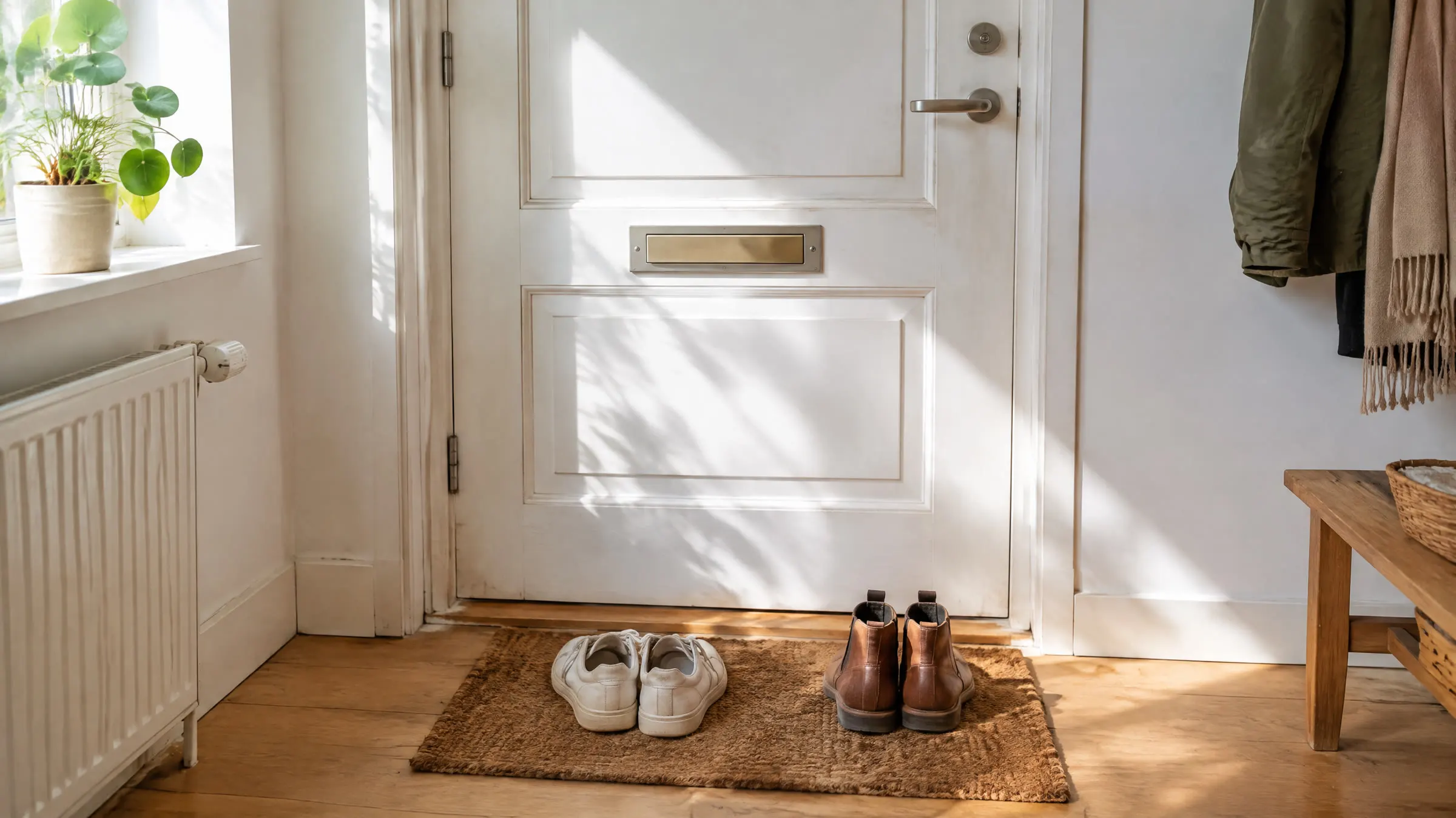 Et par hvide sneakers og et par brune støvler på en kokosmåtte foran en hvid hoveddør med brevsprække