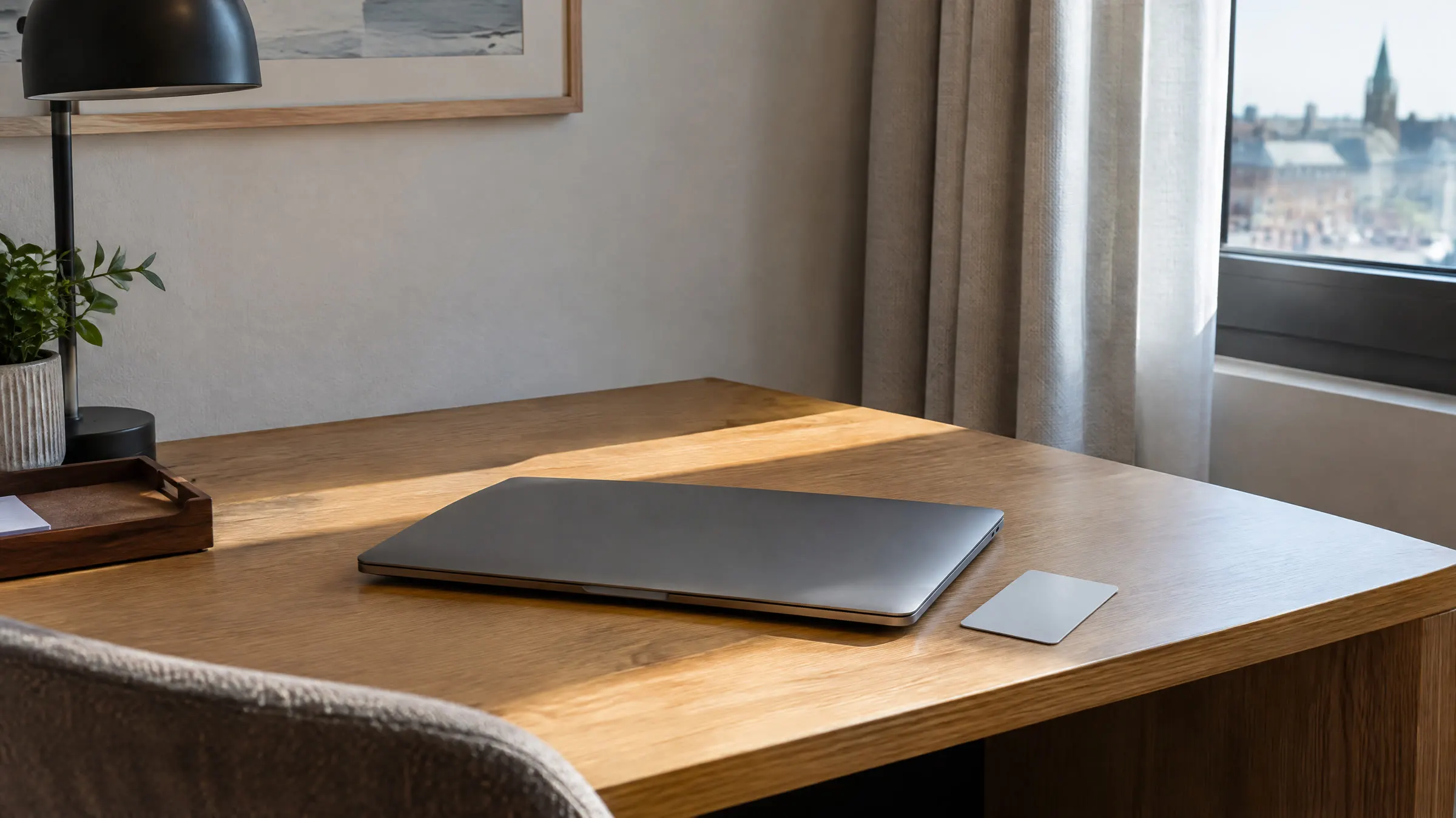 En lukket bærbar computer ligger fladt på et hotelskrivebord ved siden af et nøglekort