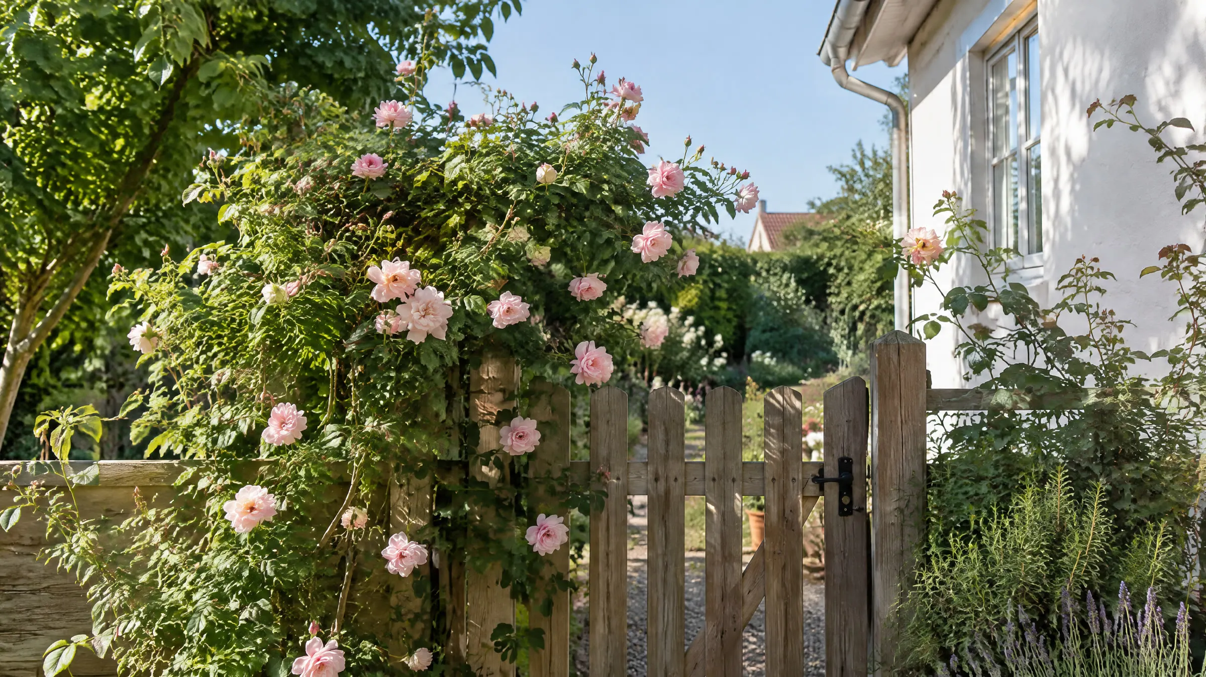 En stakitlåge i træ under en slyngrose med lyserøde blomster ved et hvidkalket hus i sommersol