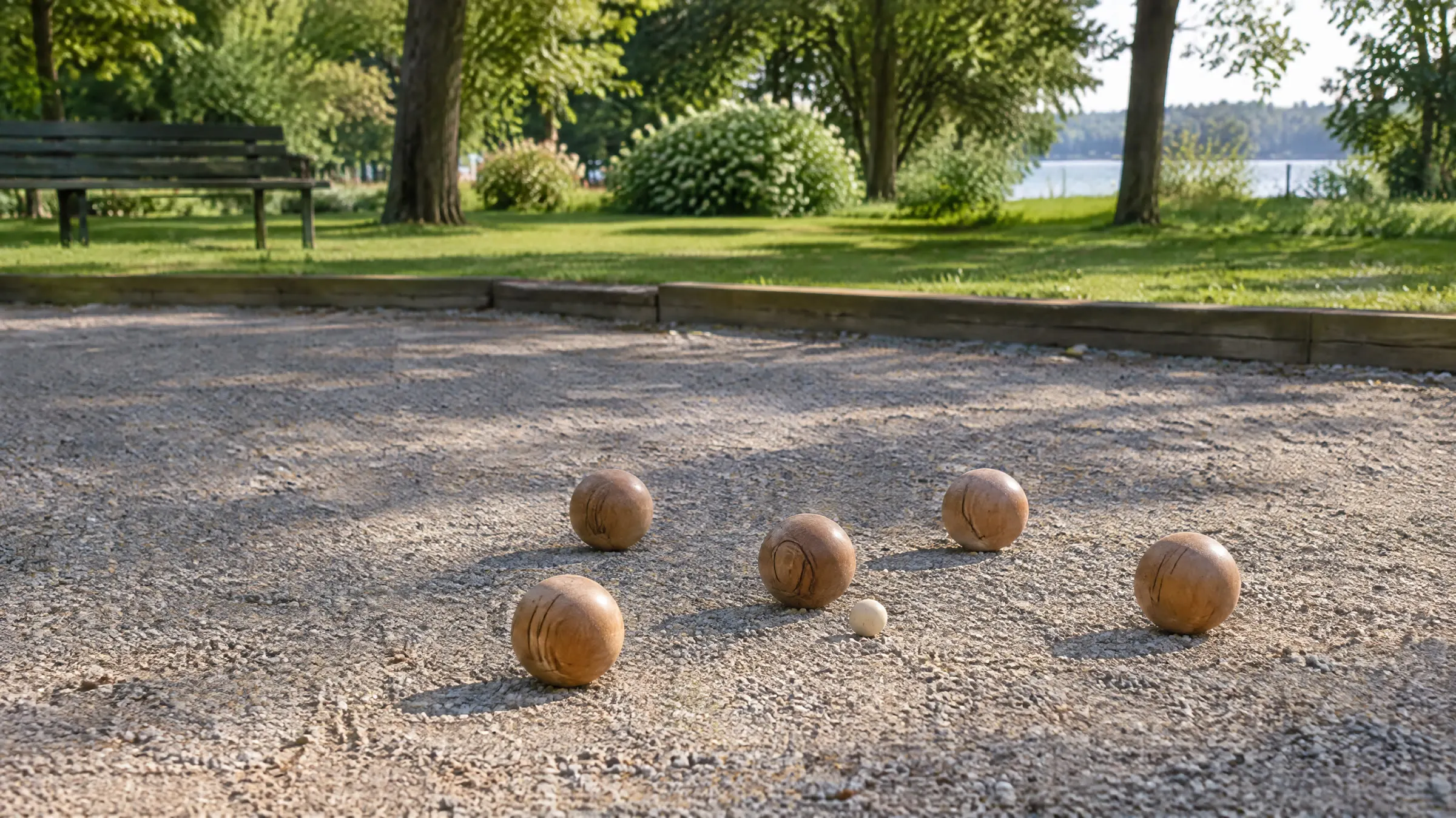 Petanquekugler af træ på en grusbane i en park i eftermiddagssol