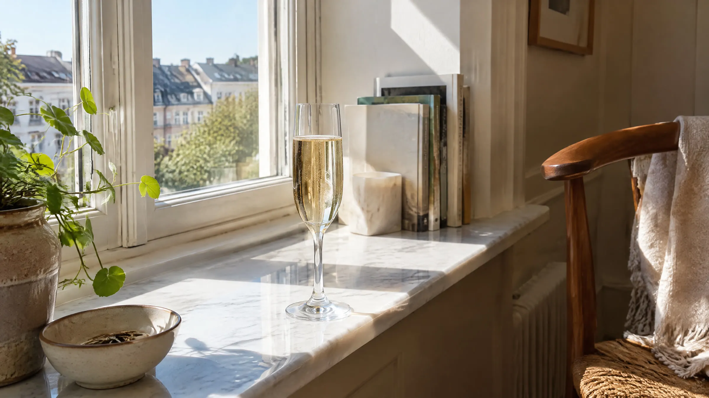 Et glas mousserende vin i en vindueskarm af marmor med bøger, et stearinlys og udsigt over byens tage