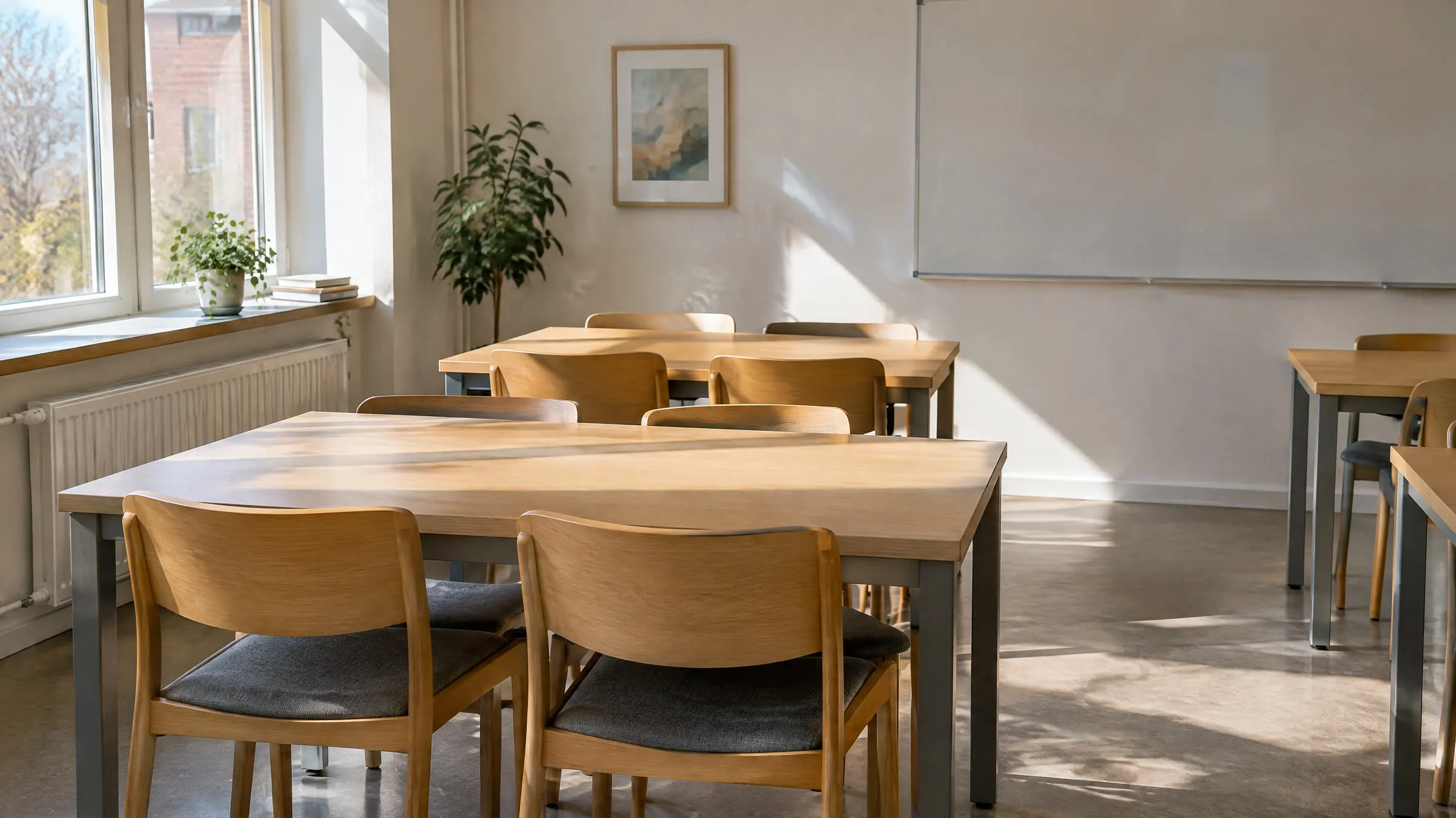 Et tomt undervisningslokale med borde, stole af træ og en hvid tavle i sollys fra vinduerne