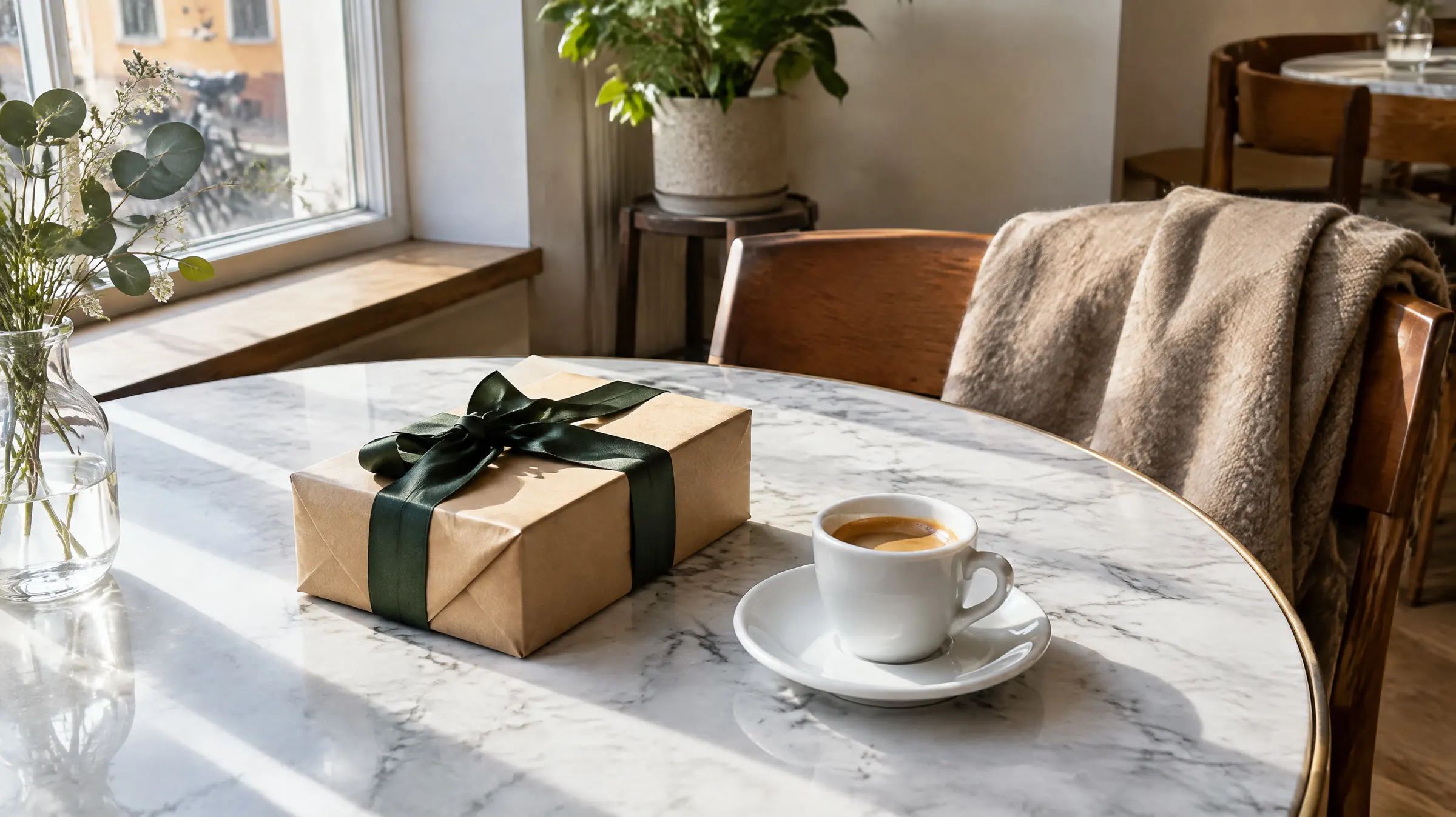En gave i brunt papir med grønt silkebånd ved en espresso på et rundt marmorbord i en café