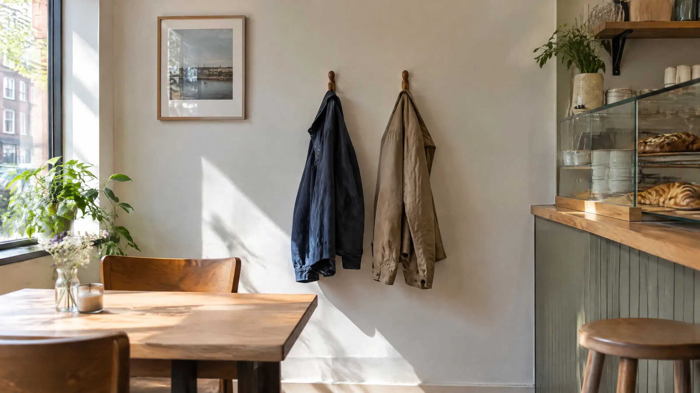 To jakker, en mørkeblå og en beige, hænger side om side på en væg i en lys café