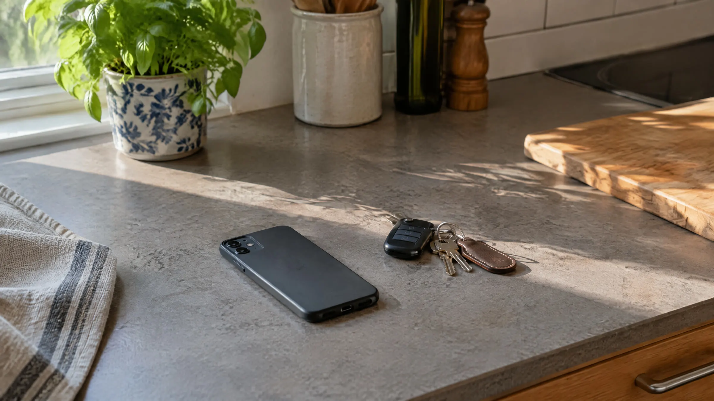 En mobiltelefon og et nøglebundt med bilnøgle på en grå køkkenbordplade i skarpt sollys