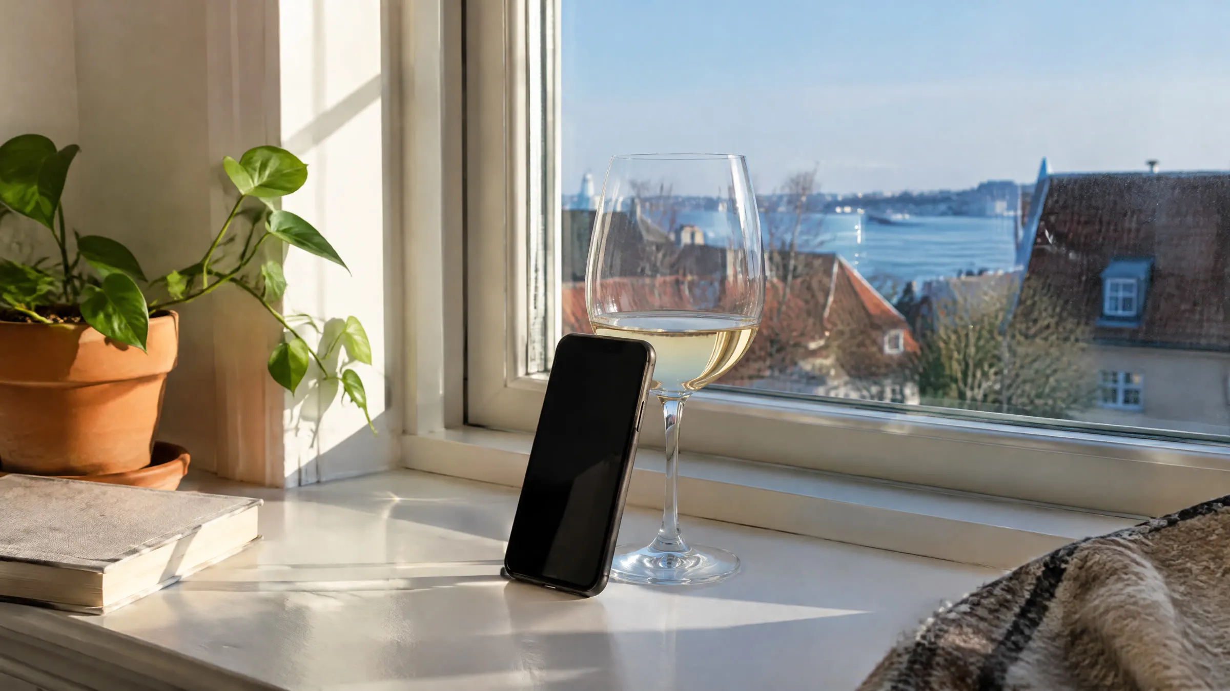 En mobiltelefon lænet op ad et glas hvidvin i en vindueskarm med udsigt over tage og vand